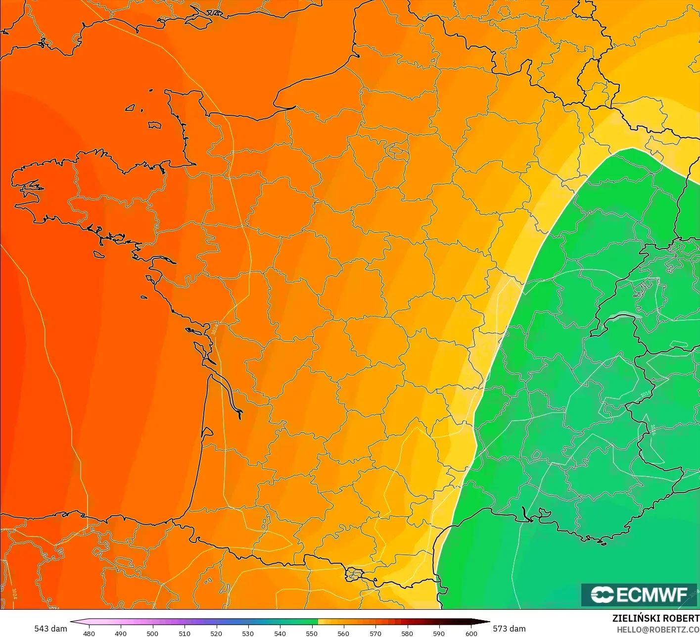 ECMWF IFS 0.25° modelo - Francia, Altura geopotencial a 500 hPa