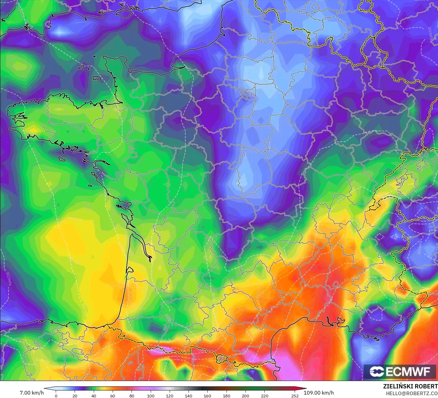 ECMWF IFS 0.25° modelo - Francia, Ráfagas de viento