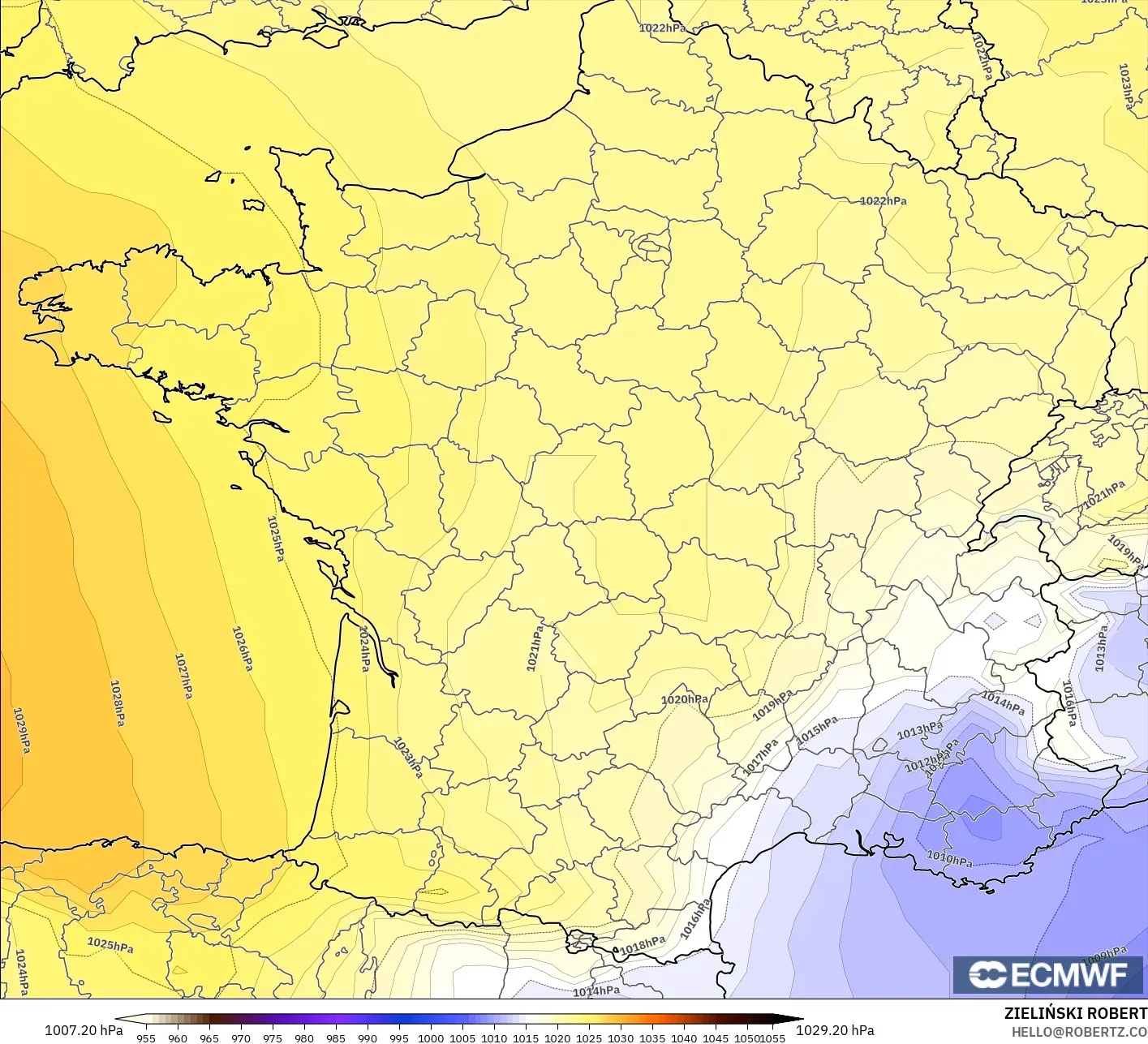 ECMWF IFS 0.25° modelo - Francia, Presión