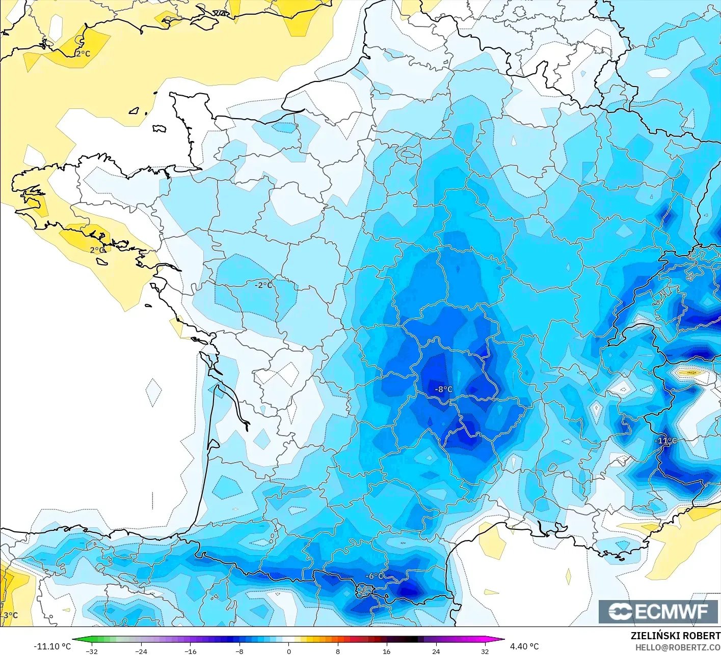 ECMWF IFS 0.25° modelo - Francia, Anomalía de temperatura a 2 m