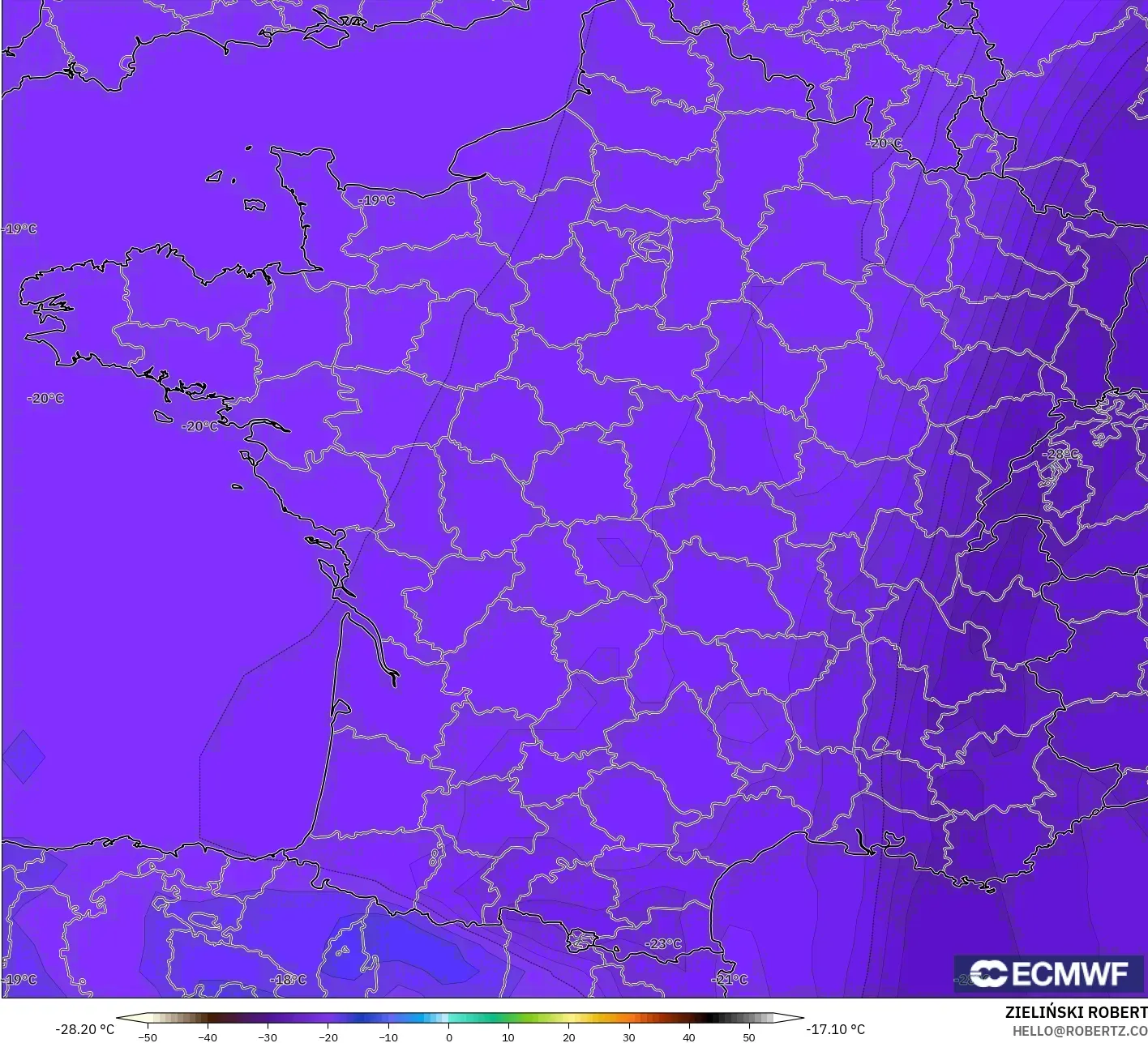 ECMWF IFS 0.25° modelo - Francia, Temperatura a 500 hPa