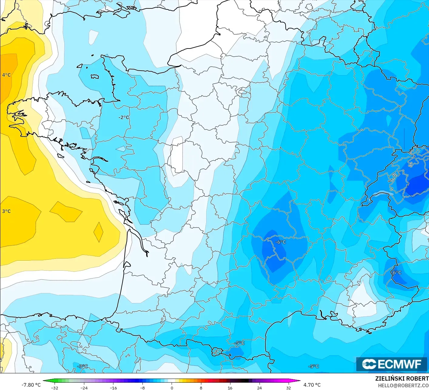 ECMWF IFS 0.25° modelo - Francia, Anomalía de temperatura a 850 hPa