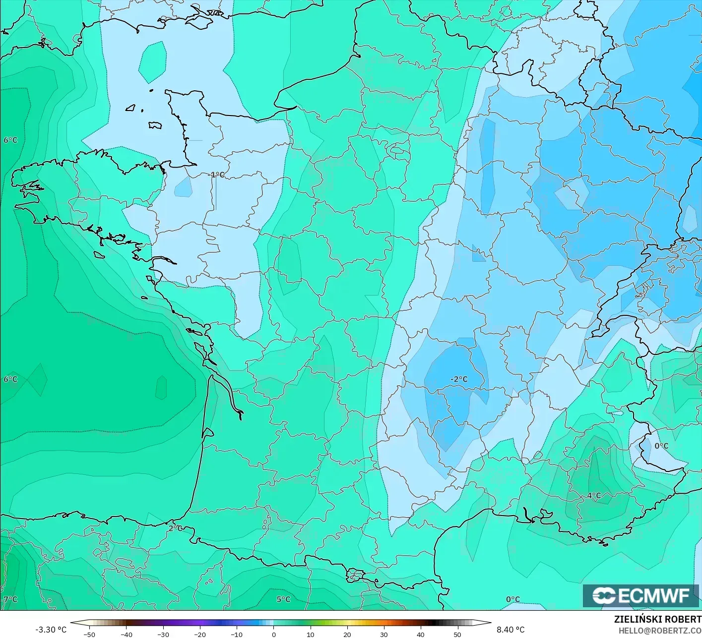 ECMWF IFS 0.25° modelo - Francia, Temperatura a 850 hPa