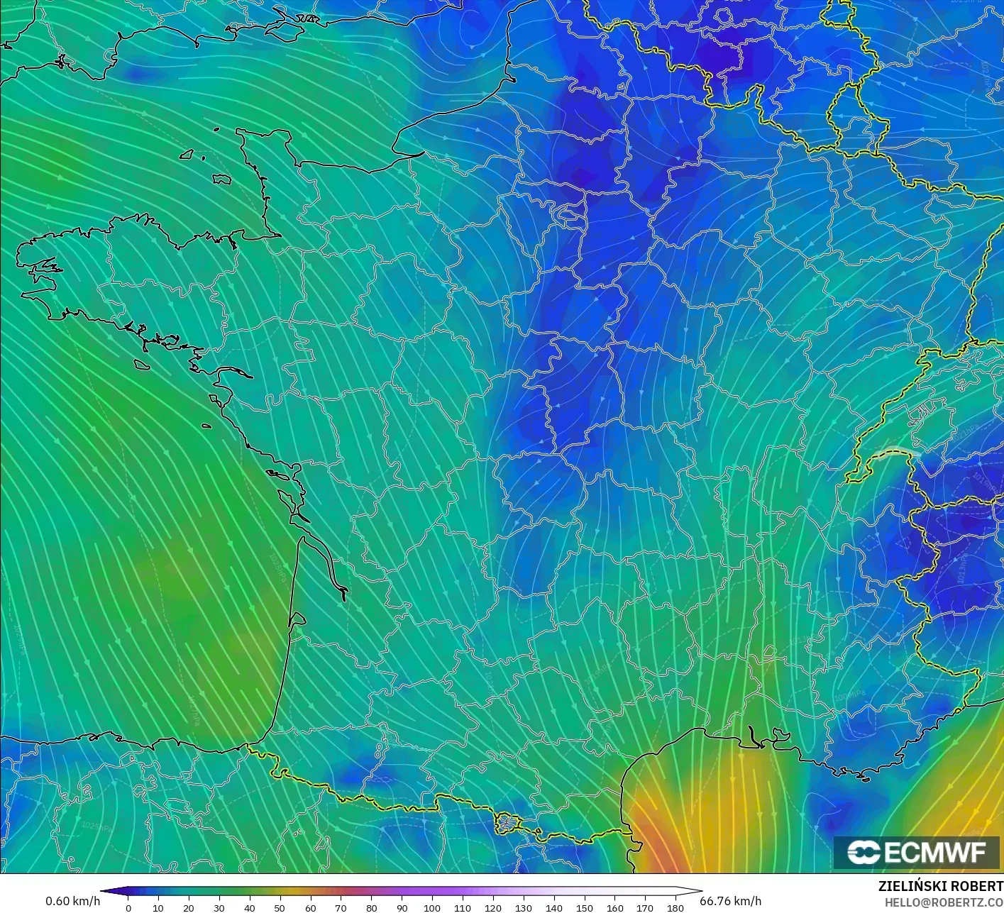 ECMWF IFS 0.25° modelo - Francia, Viento a 10 m