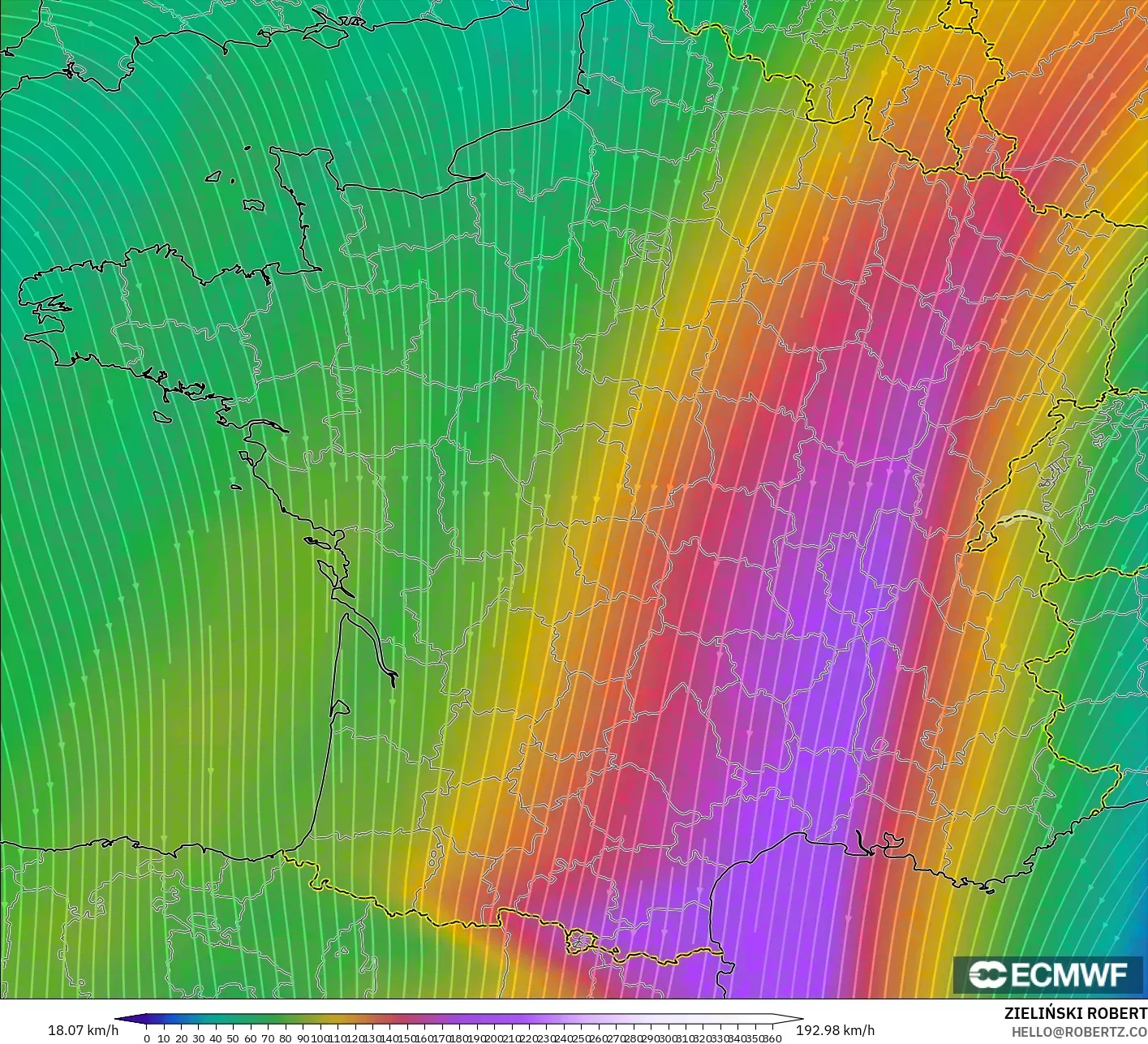 ECMWF IFS 0.25° modelo - Francia, Viento a 300 hPa (corriente en chorro)
