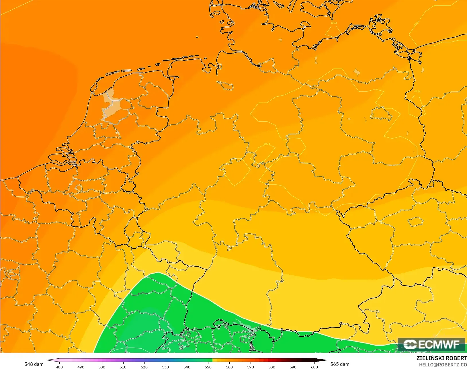 ECMWF IFS 0.25° modelo - Alemania, Altura geopotencial a 500 hPa