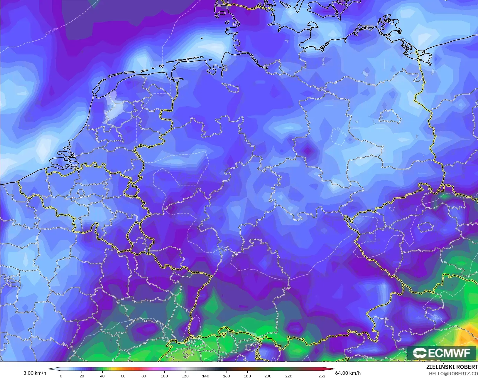 ECMWF IFS 0.25° modelo - Alemania, Ráfagas de viento