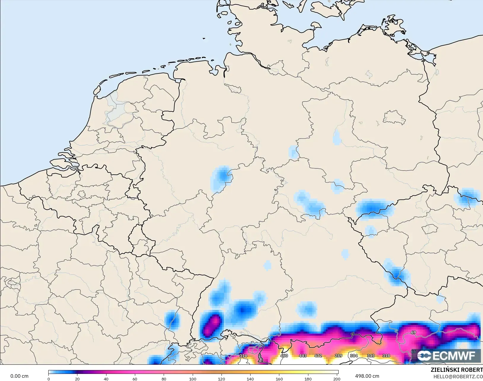 ECMWF IFS 0.25° modelo - Alemania, Profundidad de nieve
