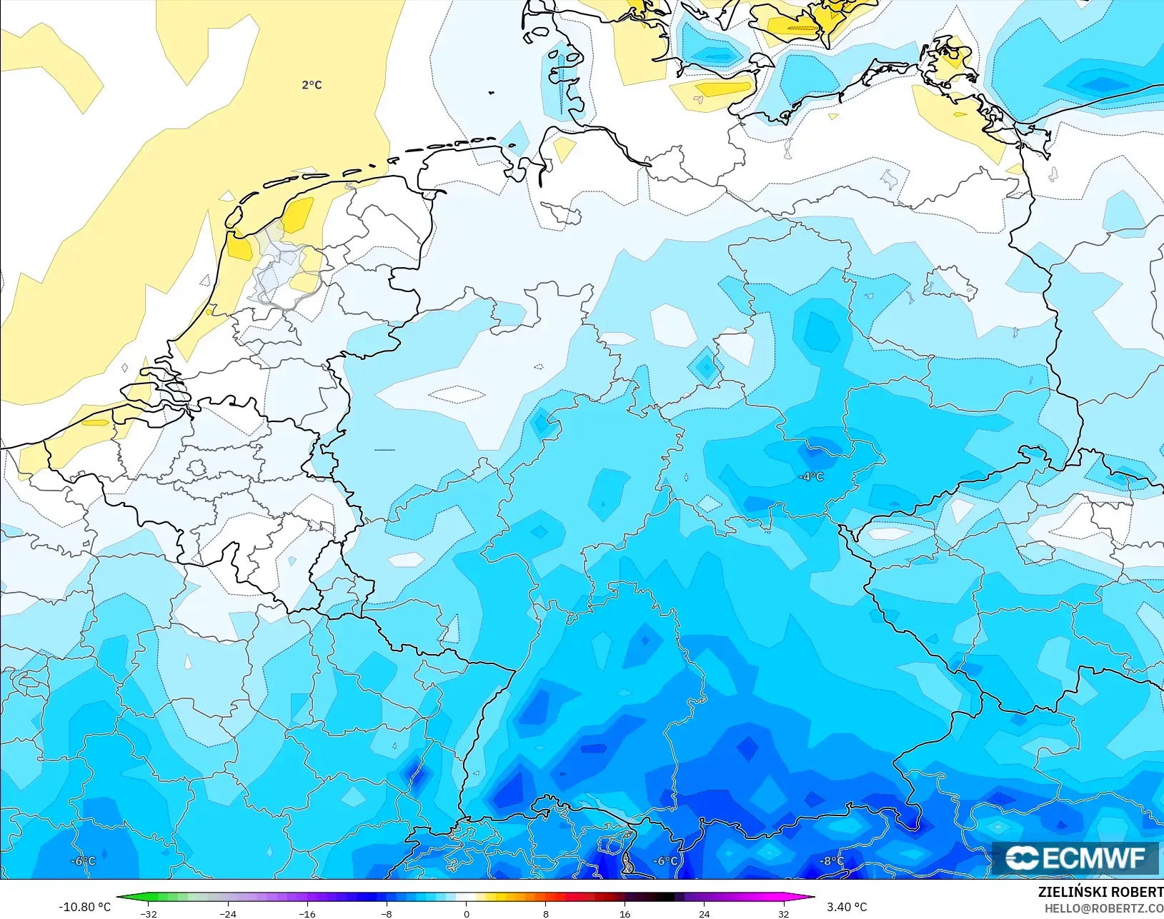 ECMWF IFS 0.25° modelo - Alemania, Anomalía de temperatura a 2 m