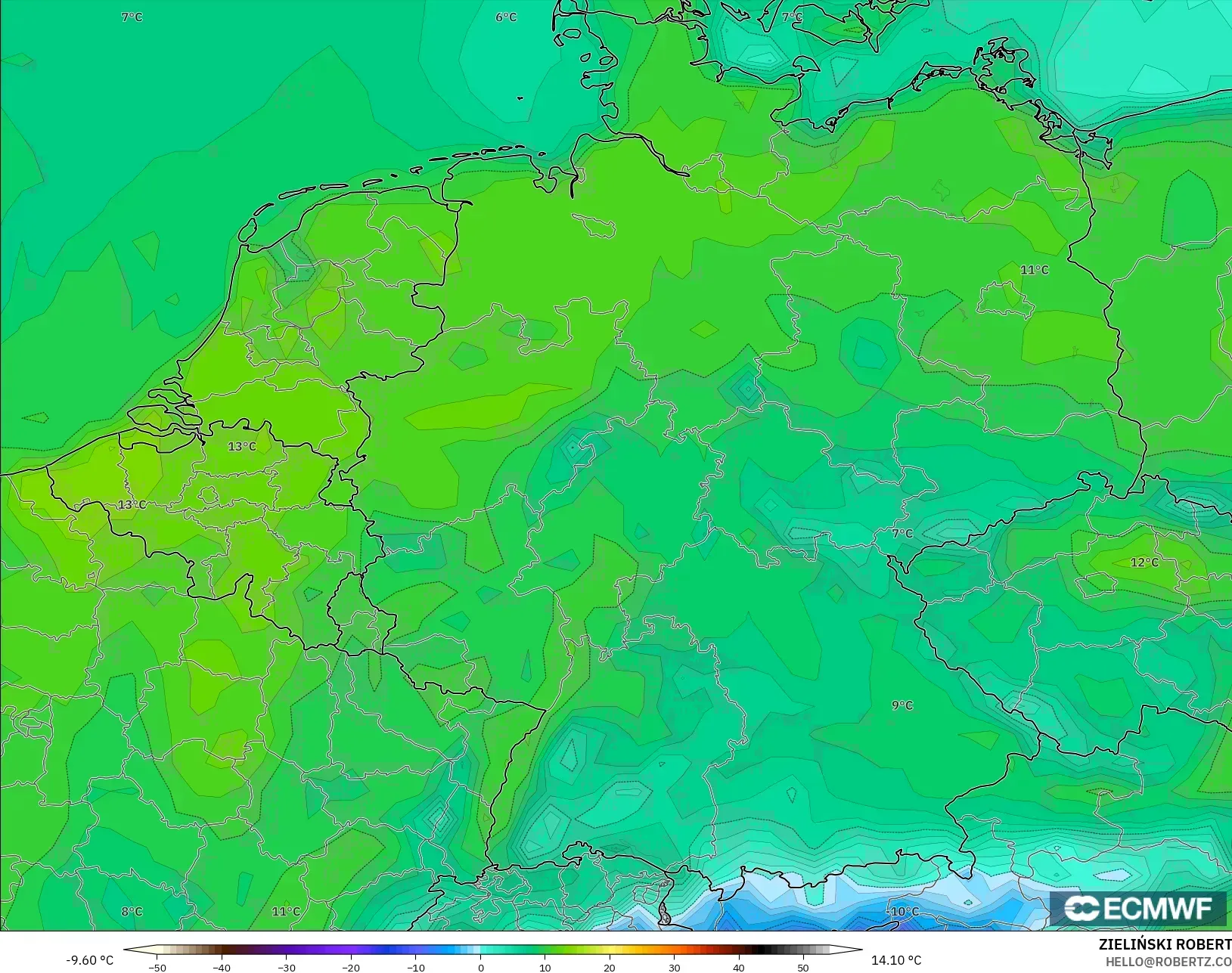 ECMWF IFS 0.25° modelo - Alemania, Temperatura a 2 m