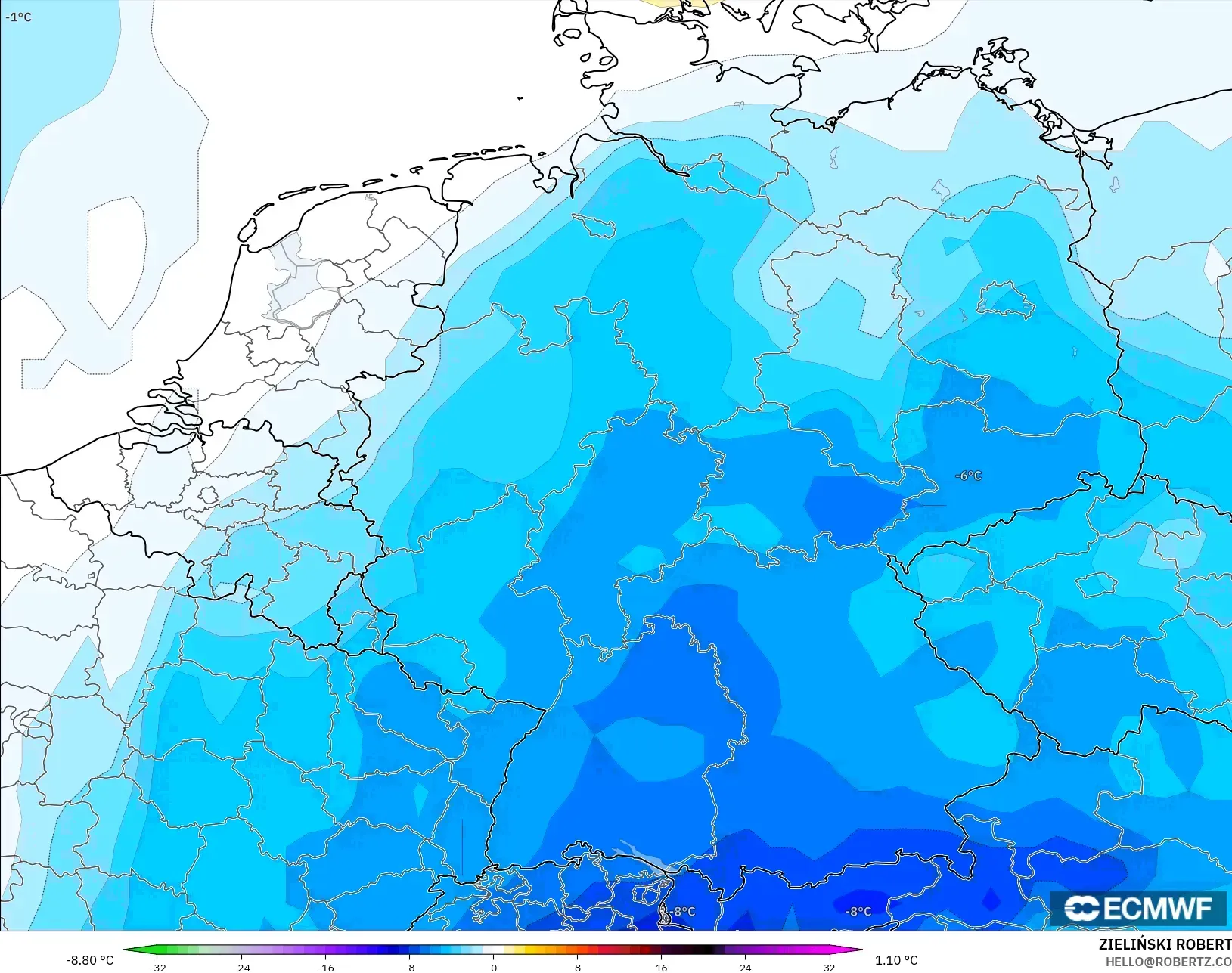 ECMWF IFS 0.25° modelo - Alemania, Anomalía de temperatura a 850 hPa