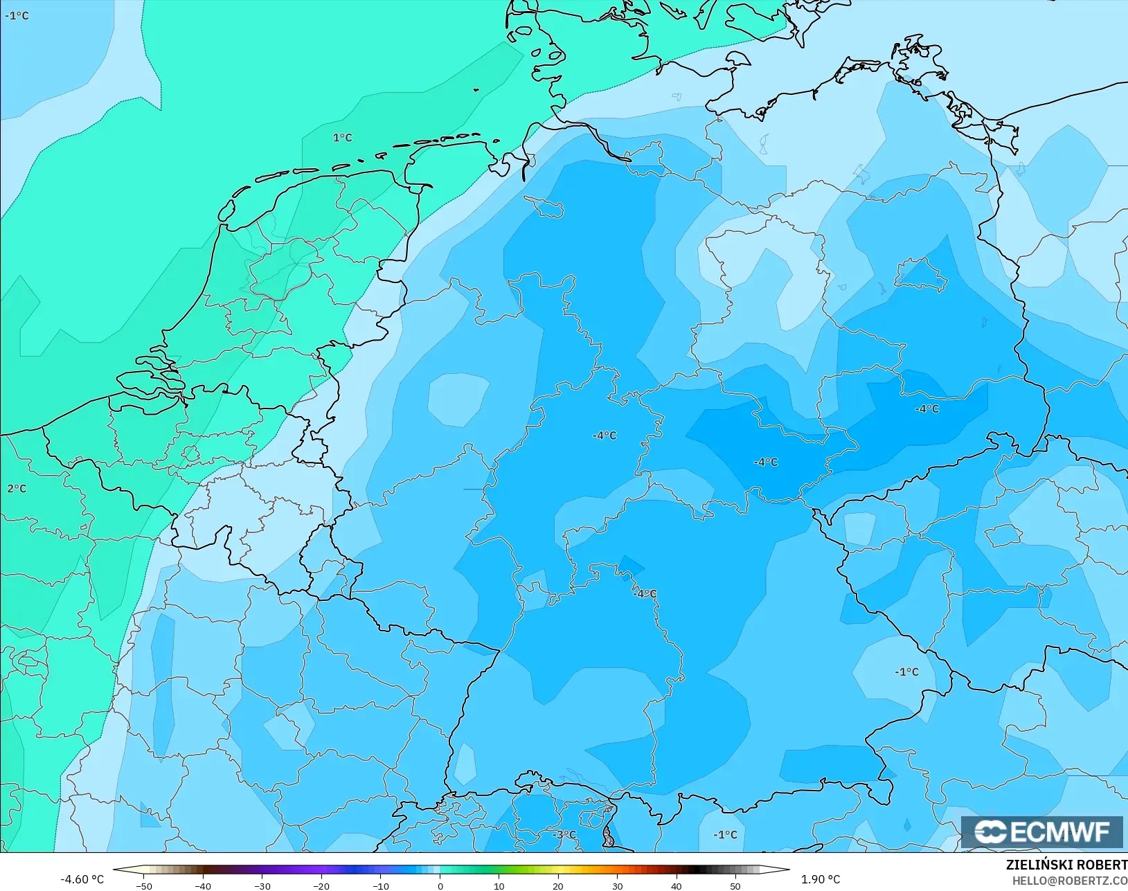 ECMWF IFS 0.25° modelo - Alemania, Temperatura a 850 hPa