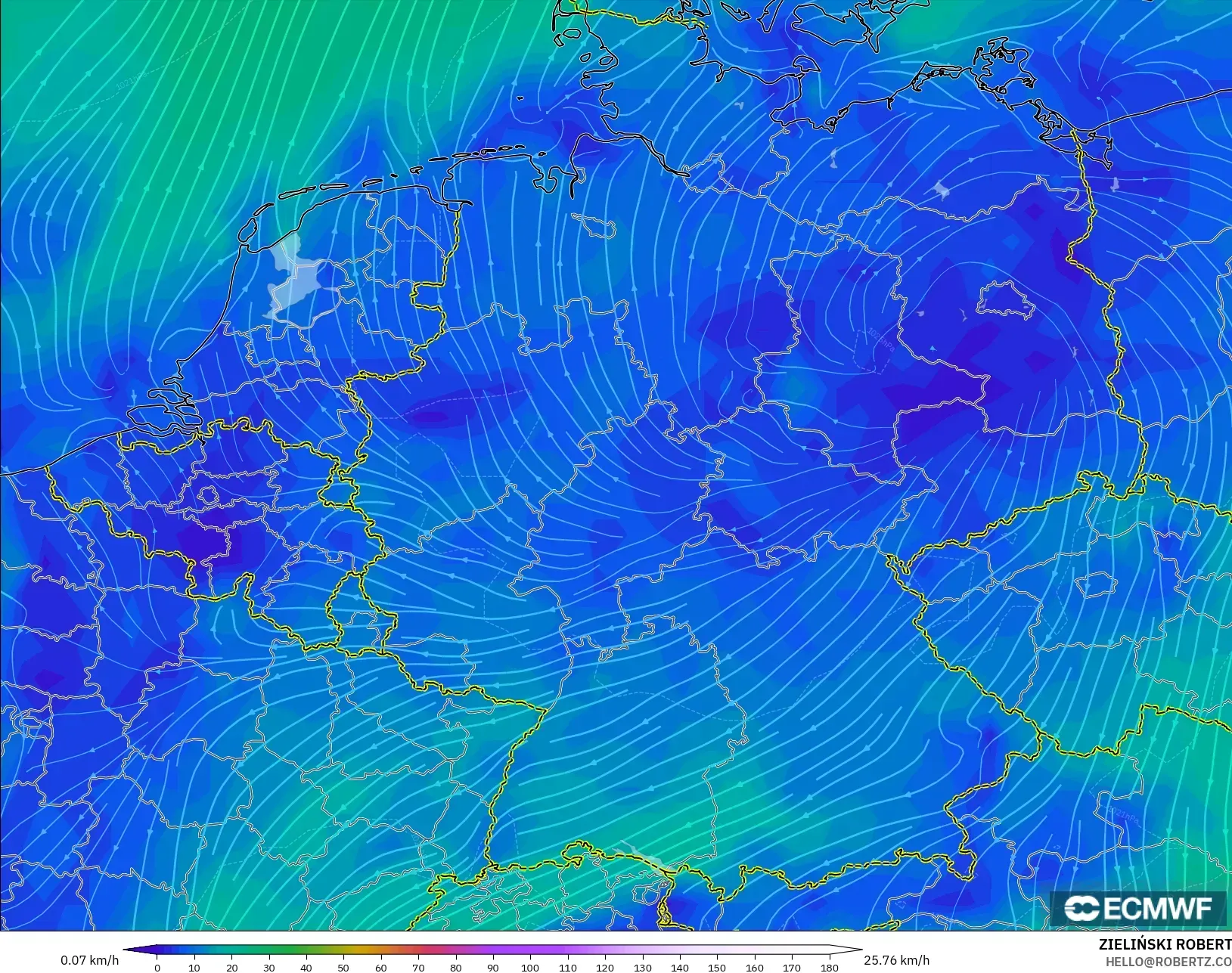 ECMWF IFS 0.25° modelo - Alemania, Viento a 10 m