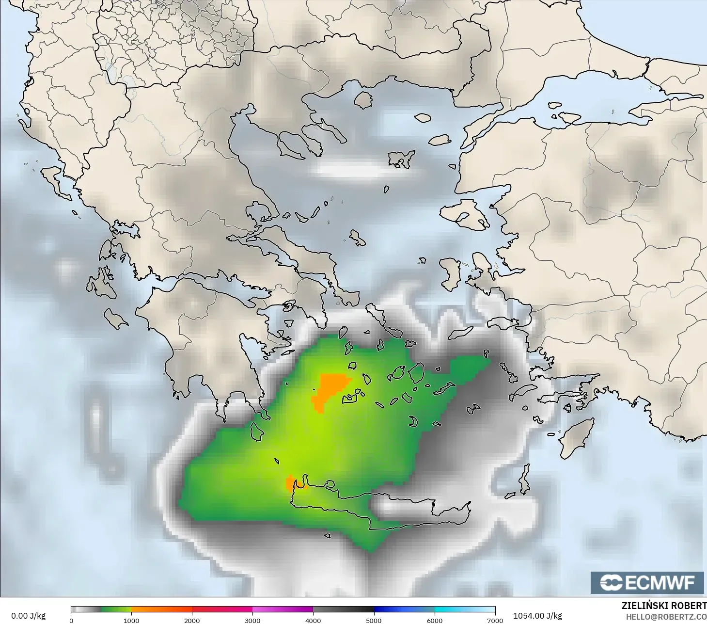 ECMWF IFS 0.25° modelo - Grecia, CAPE