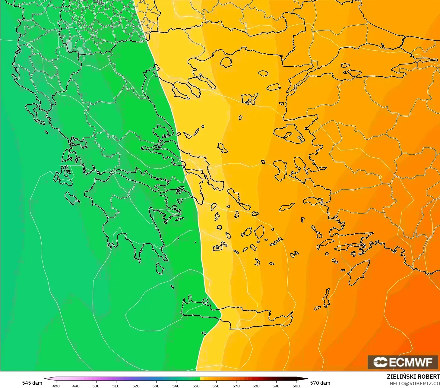 ECMWF IFS 0.25° modelo - Grecia, Altura geopotencial a 500 hPa