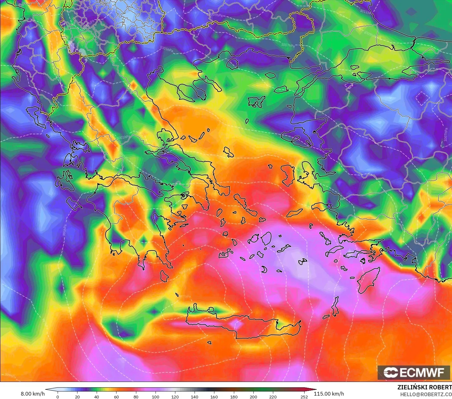 ECMWF IFS 0.25° modelo - Grecia, Ráfagas de Viento Máximas