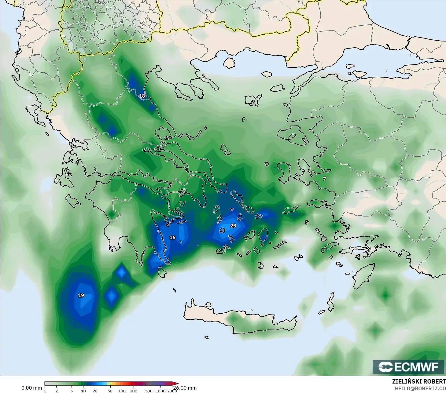 ECMWF IFS 0.25° modelo - Grecia, Acumulación de precipitación