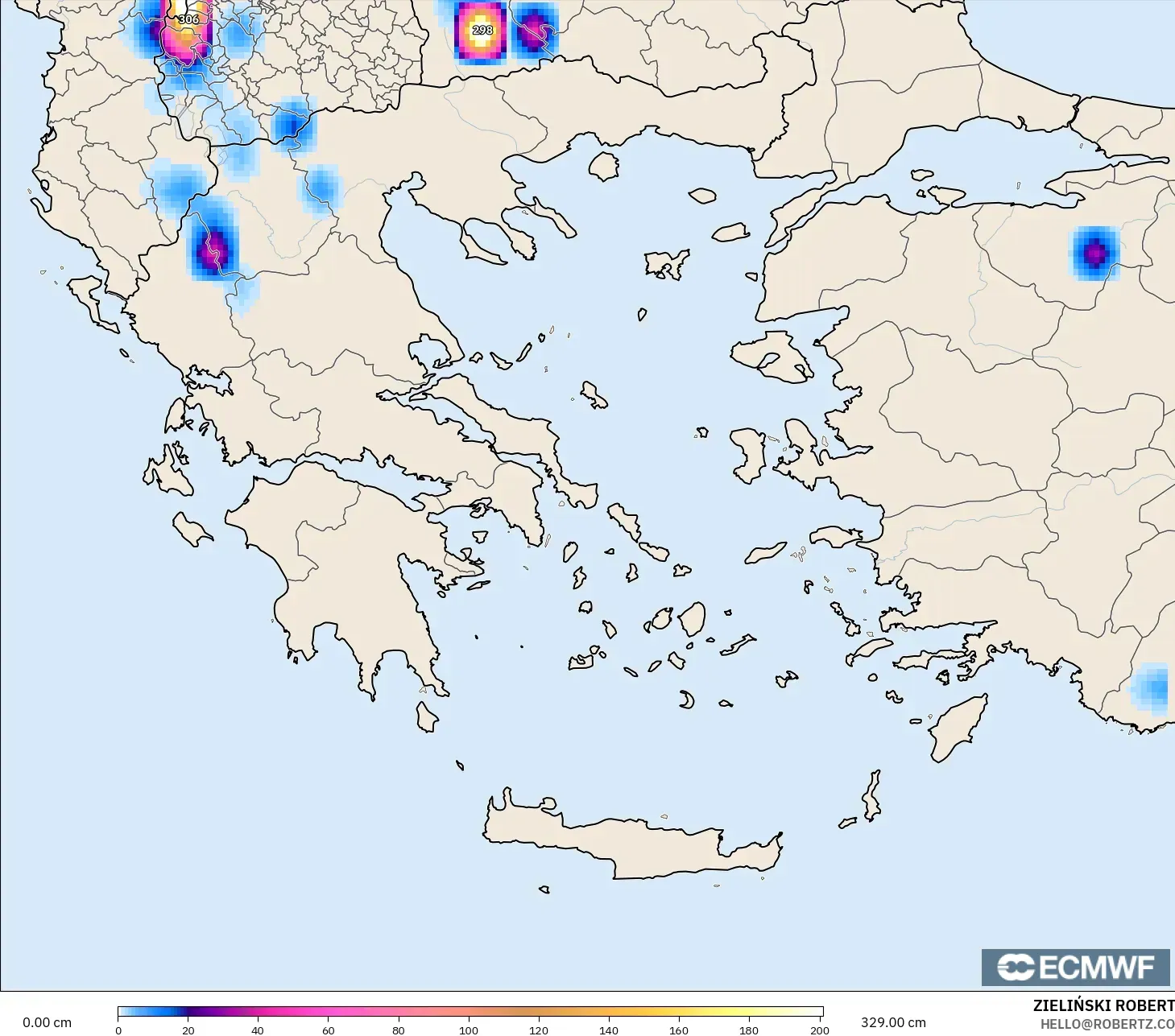 ECMWF IFS 0.25° modelo - Grecia, Profundidad de nieve