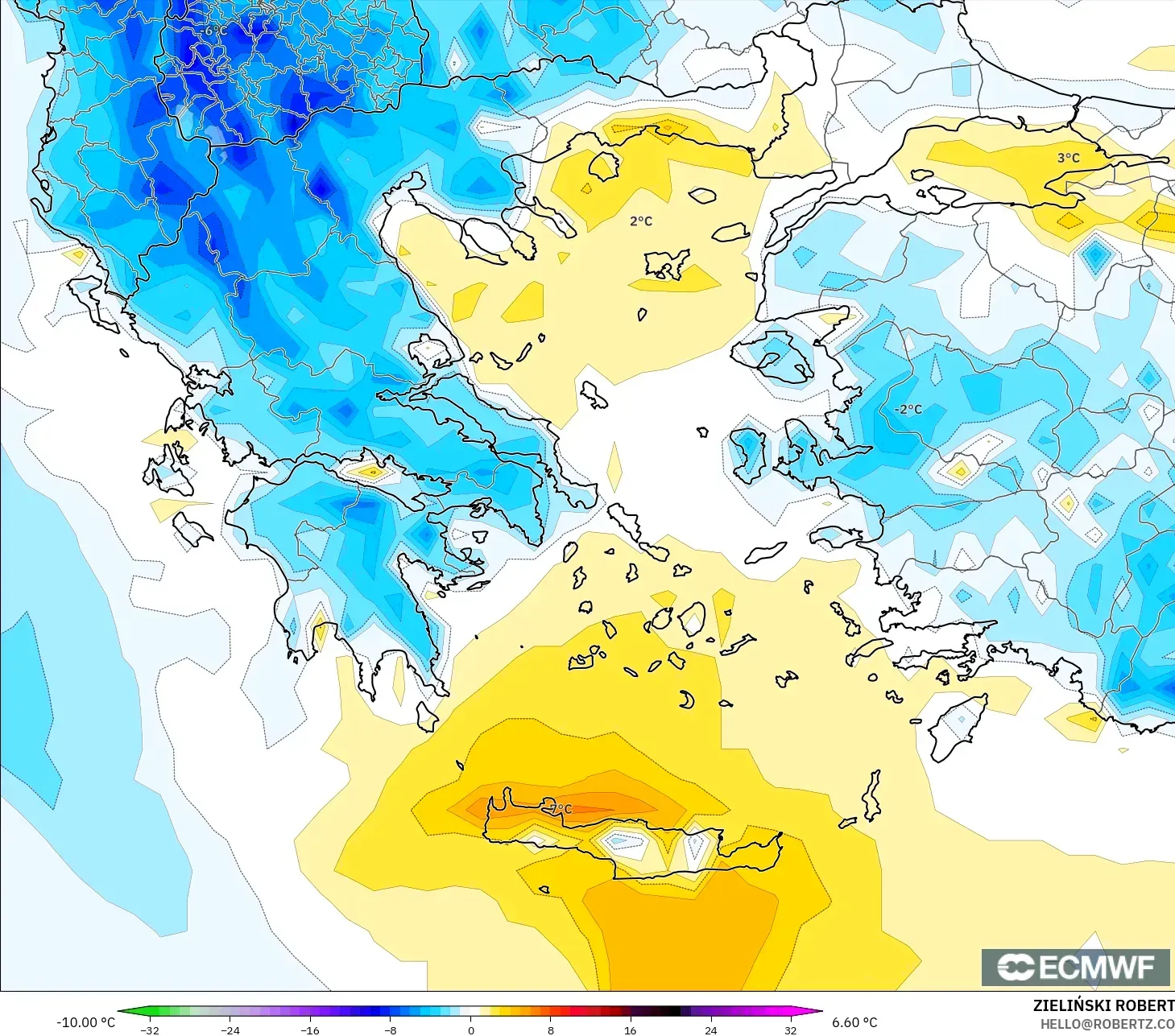 ECMWF IFS 0.25° modelo - Grecia, Anomalía de temperatura a 2 m