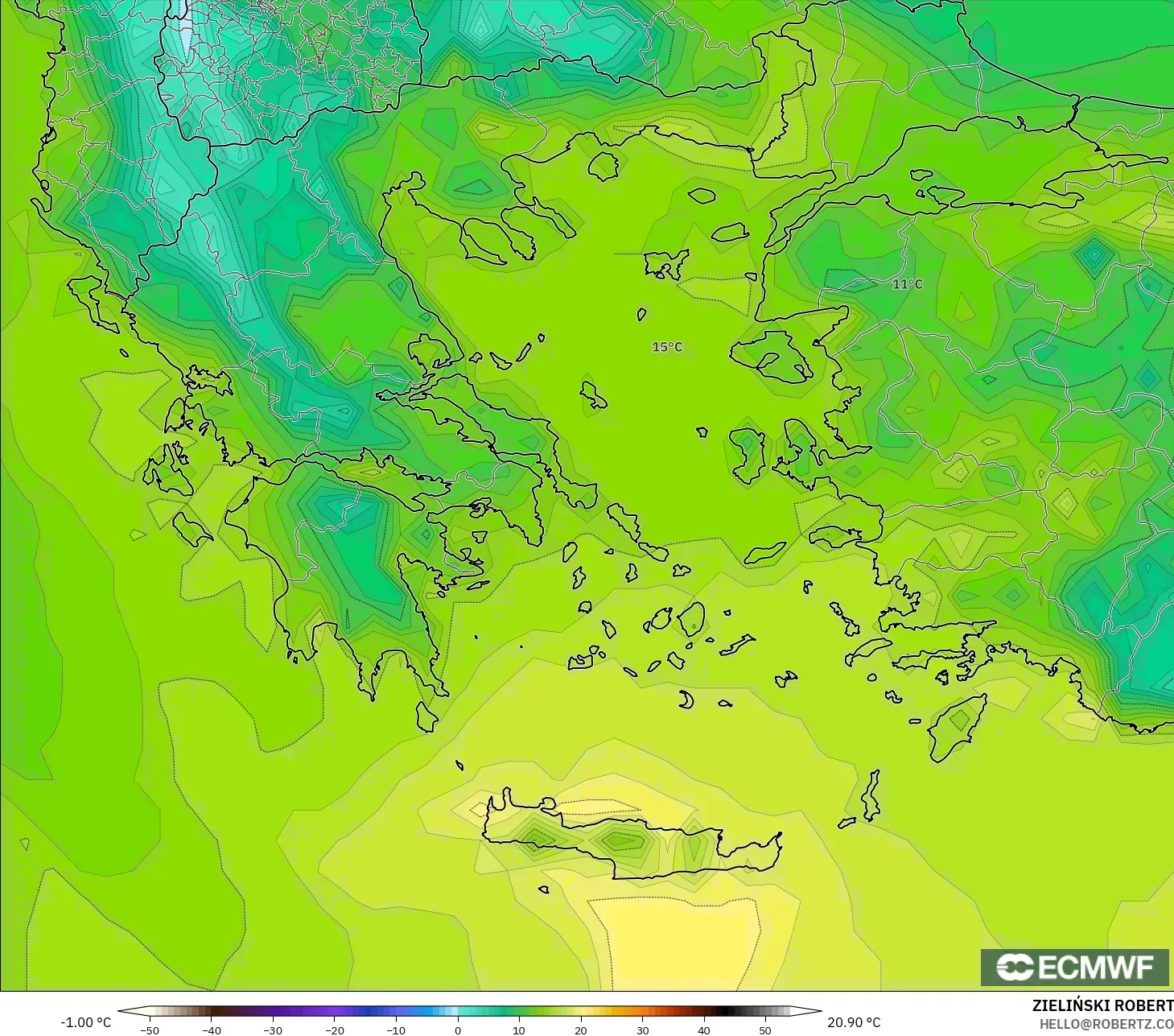 ECMWF IFS 0.25° modelo - Grecia, Temperatura a 2 m