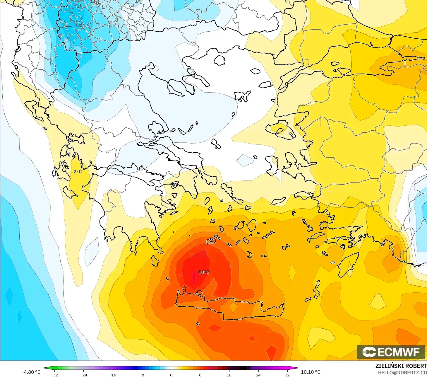 ECMWF IFS 0.25° modelo - Grecia, Anomalía de temperatura a 850 hPa