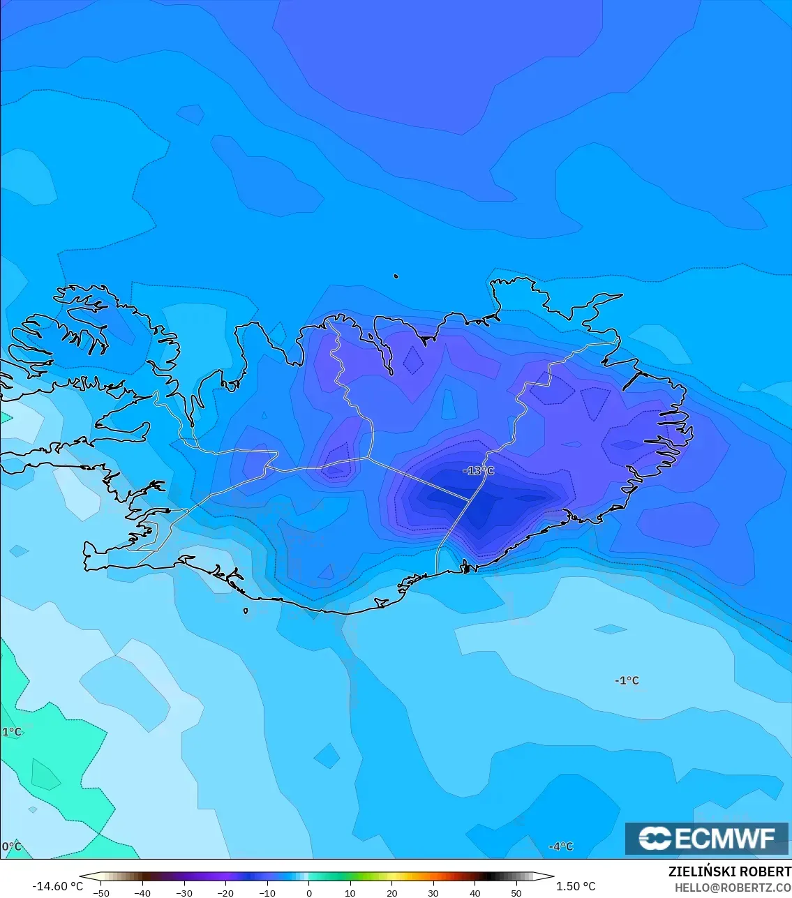 ECMWF IFS 0.25° modelo - Islandia, Punto de rocío a 2 m