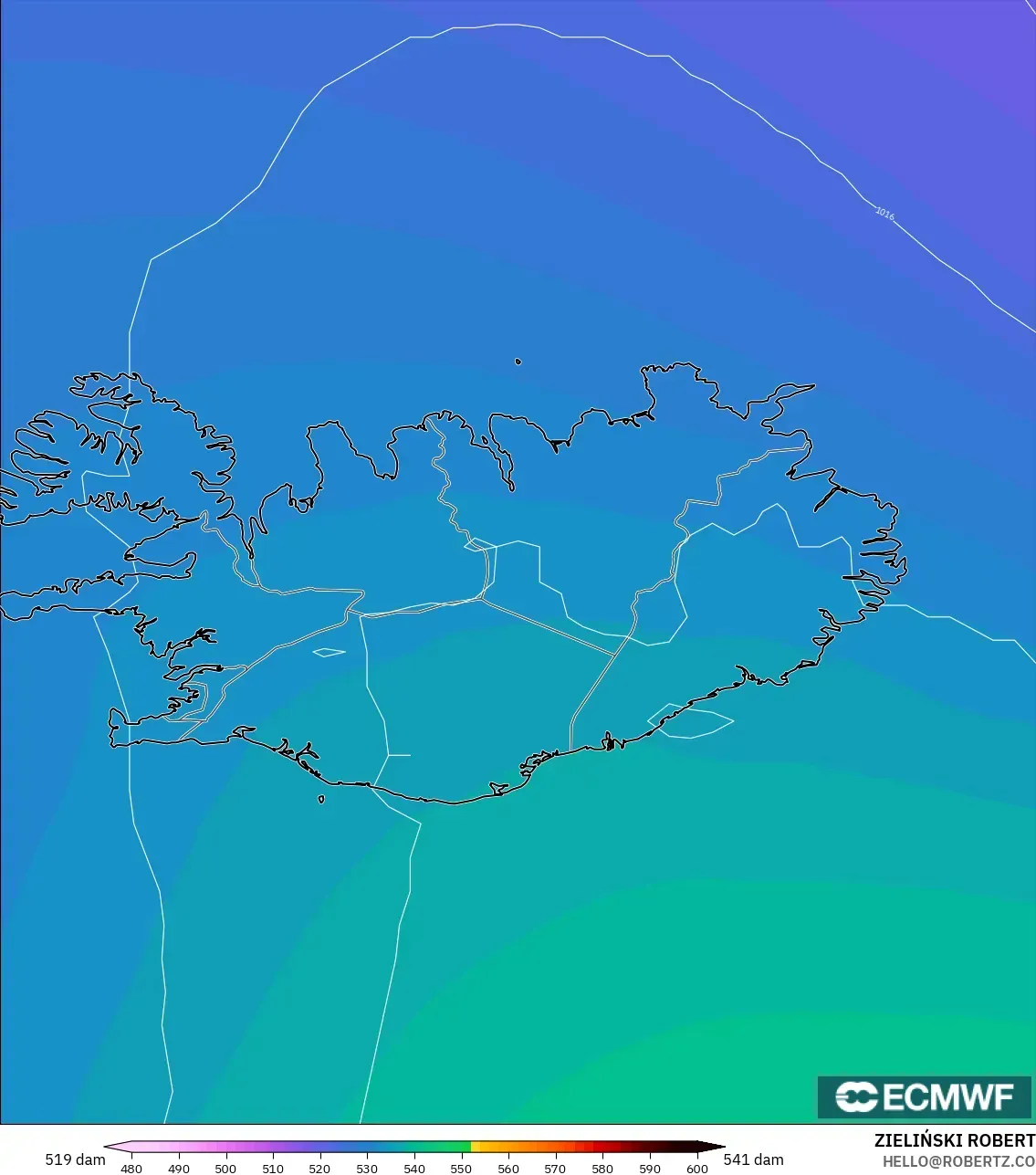 ECMWF IFS 0.25° modelo - Islandia, Altura geopotencial a 500 hPa