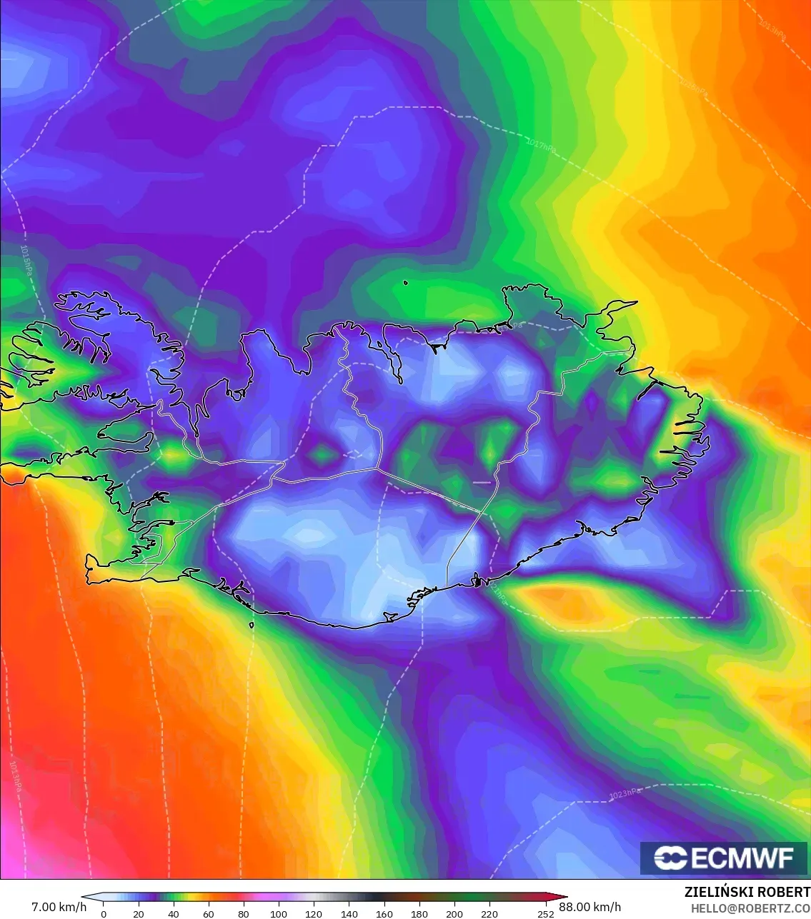 ECMWF IFS 0.25° modelo - Islandia, Ráfagas de Viento Máximas