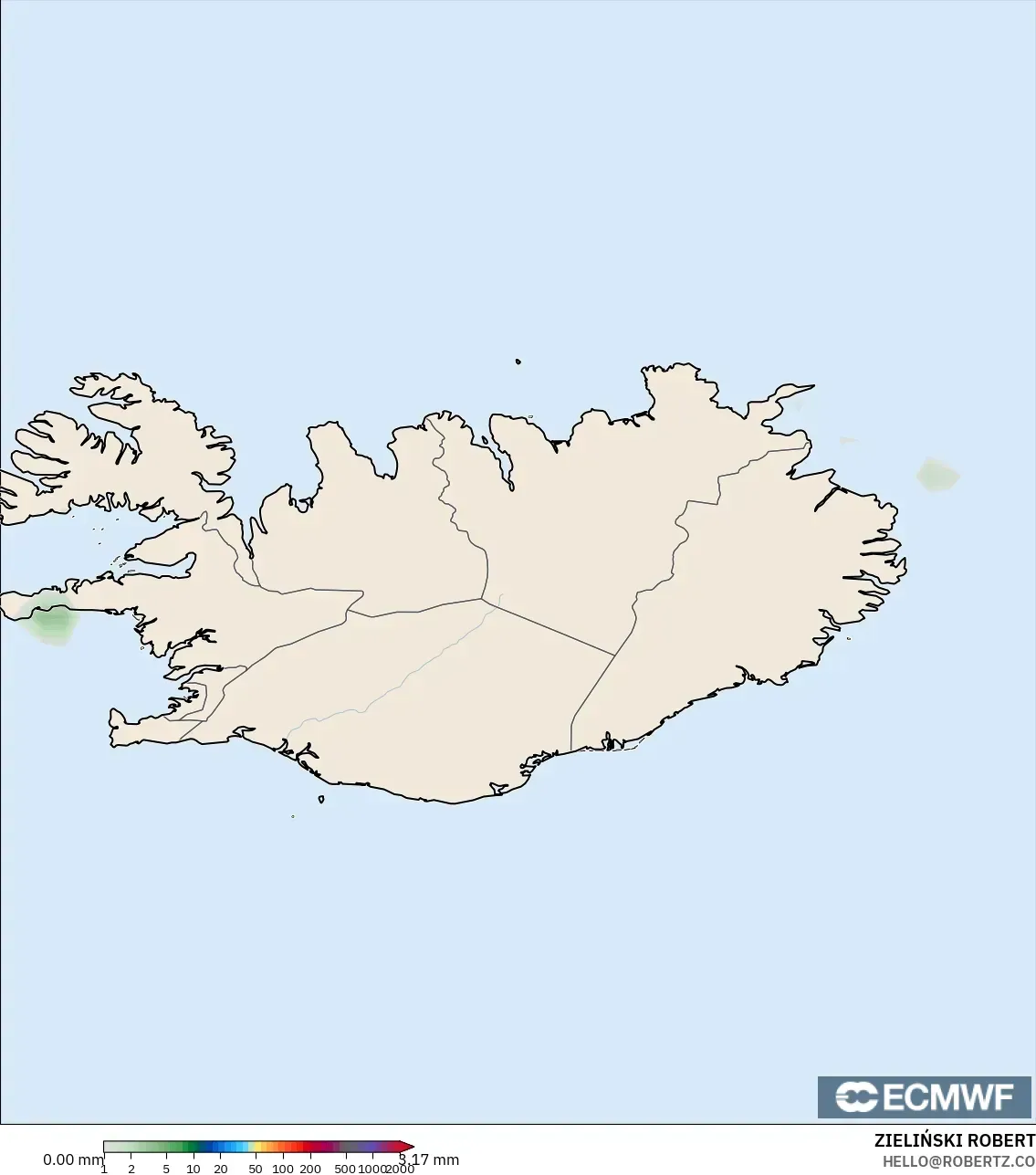 ECMWF IFS 0.25° modelo - Islandia, Acumulación de precipitación