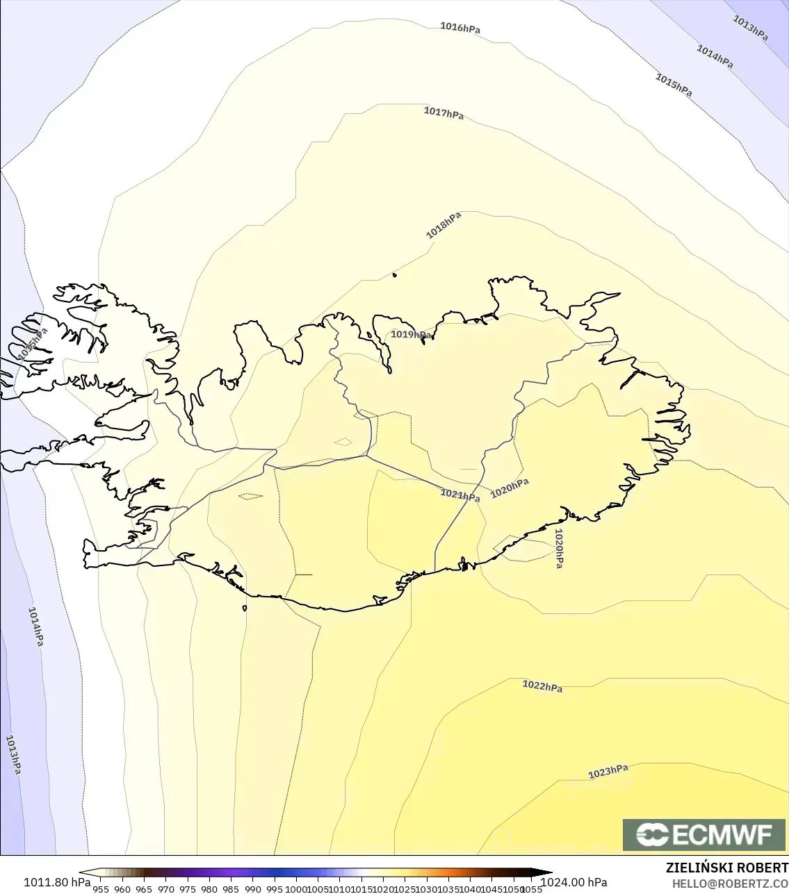 ECMWF IFS 0.25° modelo - Islandia, Presión