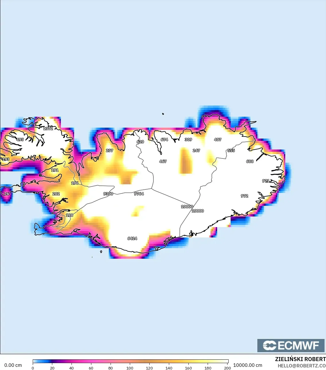 ECMWF IFS 0.25° modelo - Islandia, Profundidad de nieve