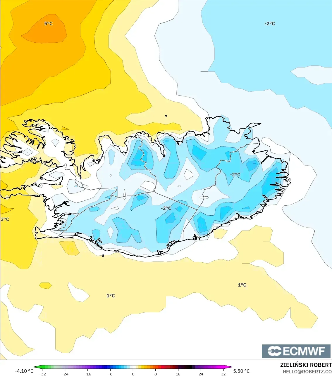 ECMWF IFS 0.25° modelo - Islandia, Anomalía de temperatura a 2 m