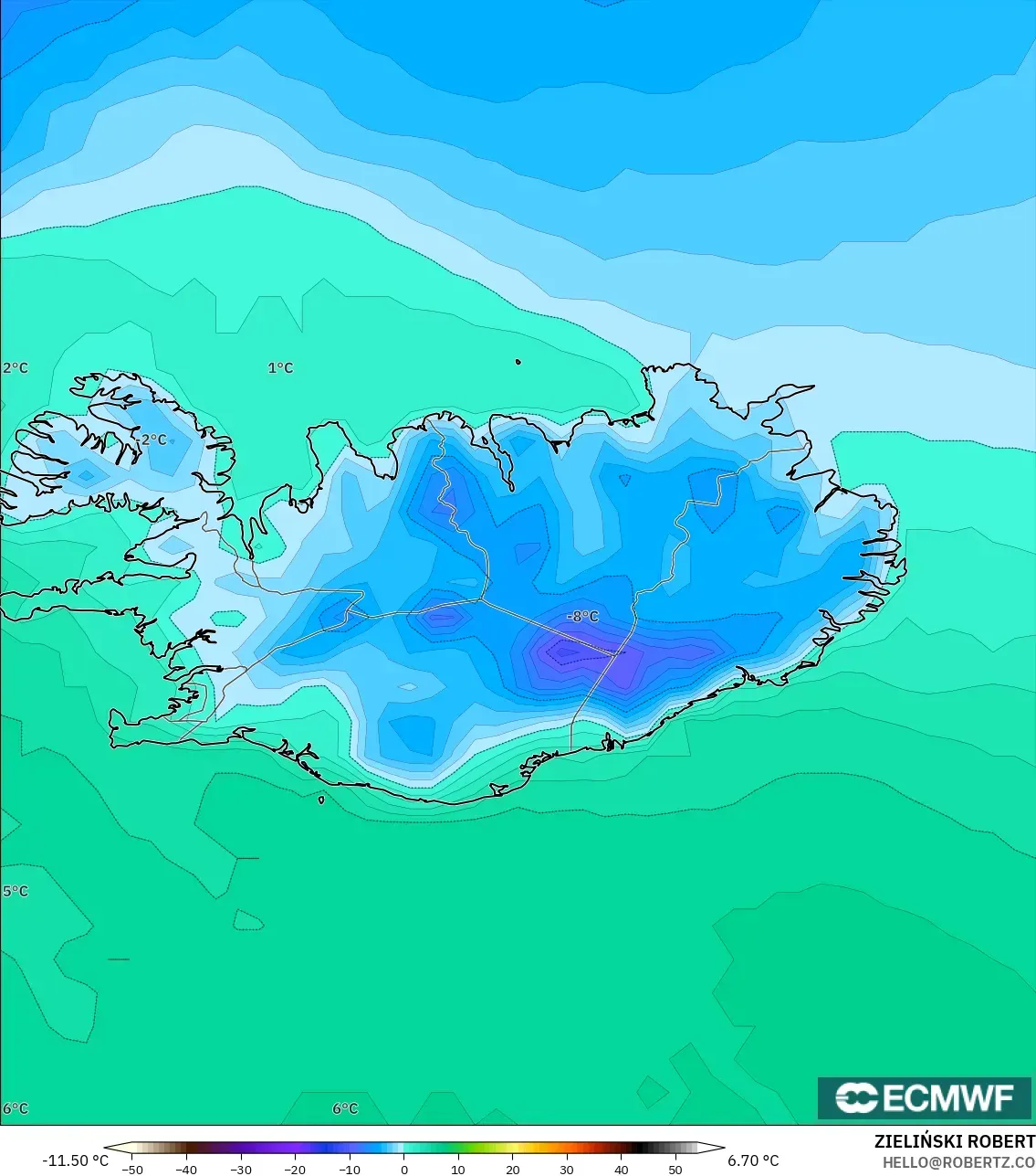 ECMWF IFS 0.25° modelo - Islandia, Temperatura a 2 m