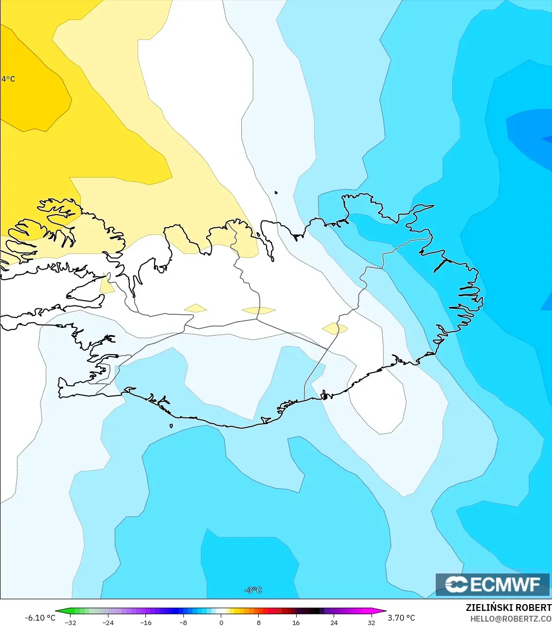 ECMWF IFS 0.25° modelo - Islandia, Anomalía de temperatura a 850 hPa