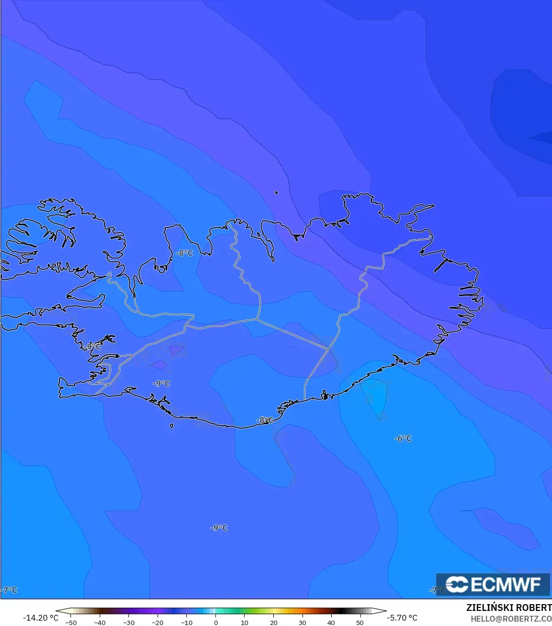 ECMWF IFS 0.25° modelo - Islandia, Temperatura a 850 hPa
