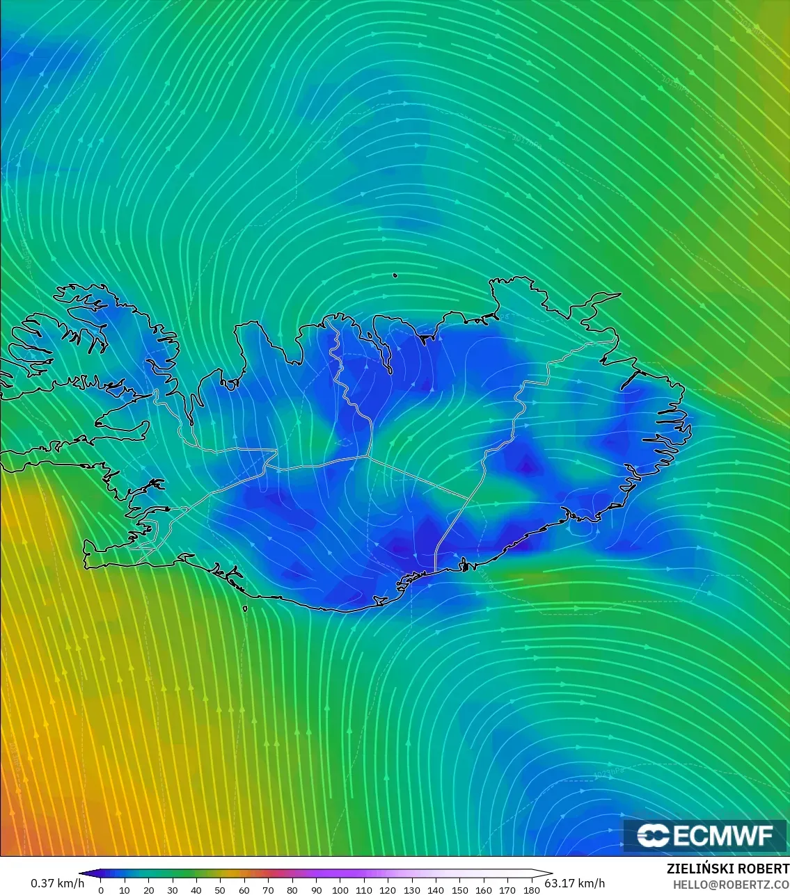 ECMWF IFS 0.25° modelo - Islandia, Viento a 10 m