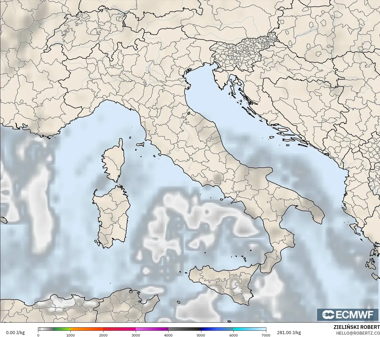 ECMWF IFS 0.25° modelo - Italia, CAPE