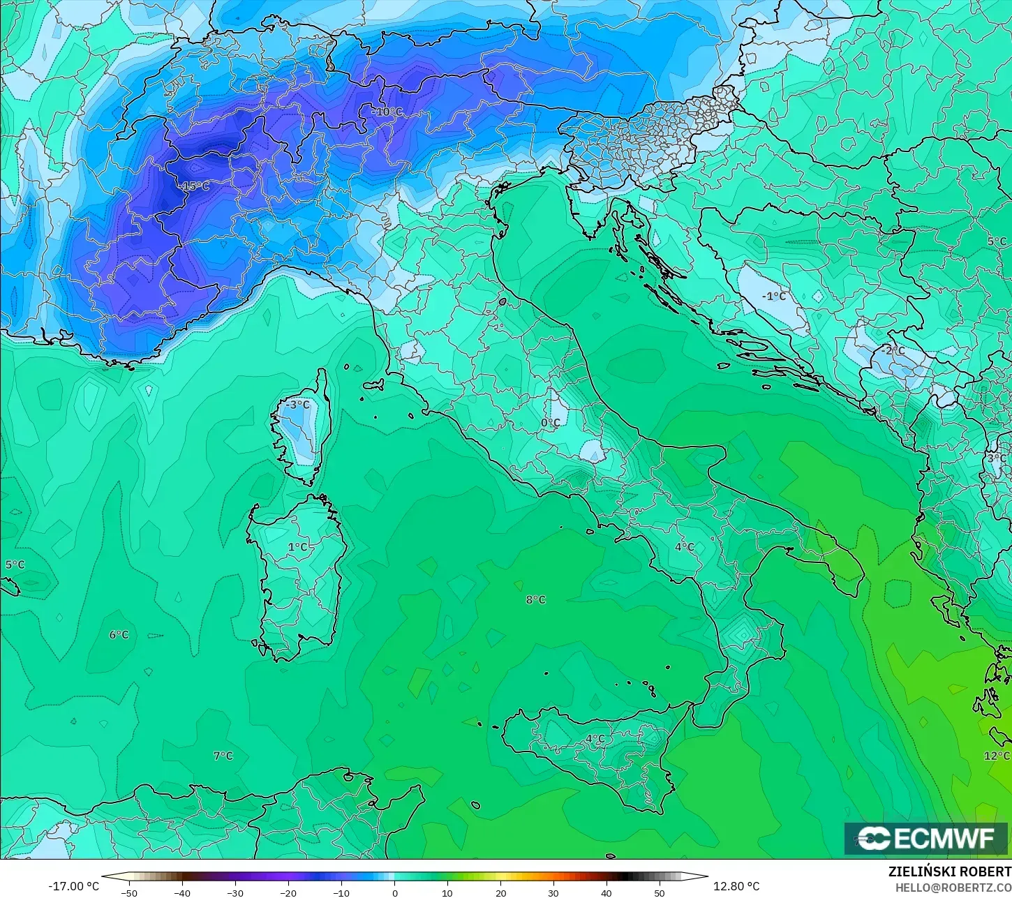 ECMWF IFS 0.25° modelo - Italia, Punto de rocío a 2 m