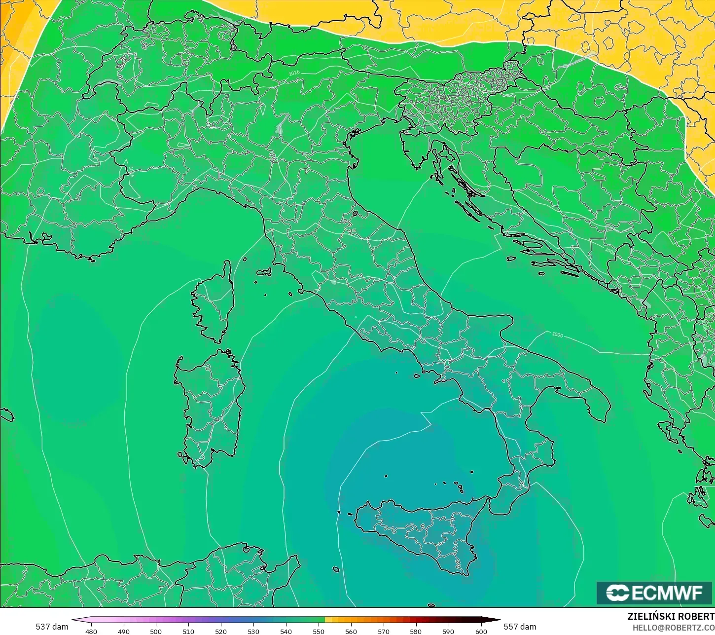 ECMWF IFS 0.25° modelo - Italia, Altura geopotencial a 500 hPa