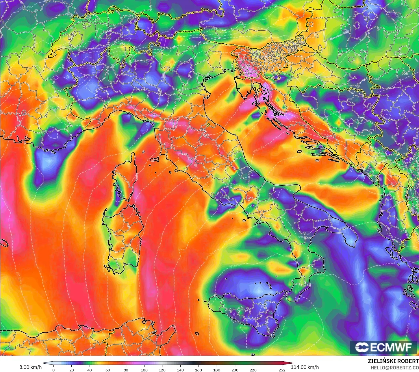 ECMWF IFS 0.25° modelo - Italia, Ráfagas de viento
