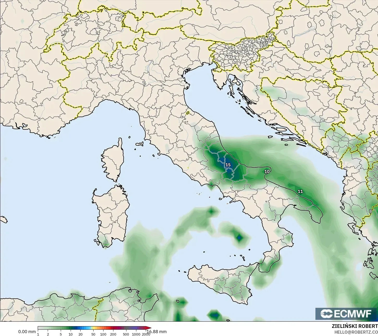 ECMWF IFS 0.25° modelo - Italia, Acumulación de precipitación