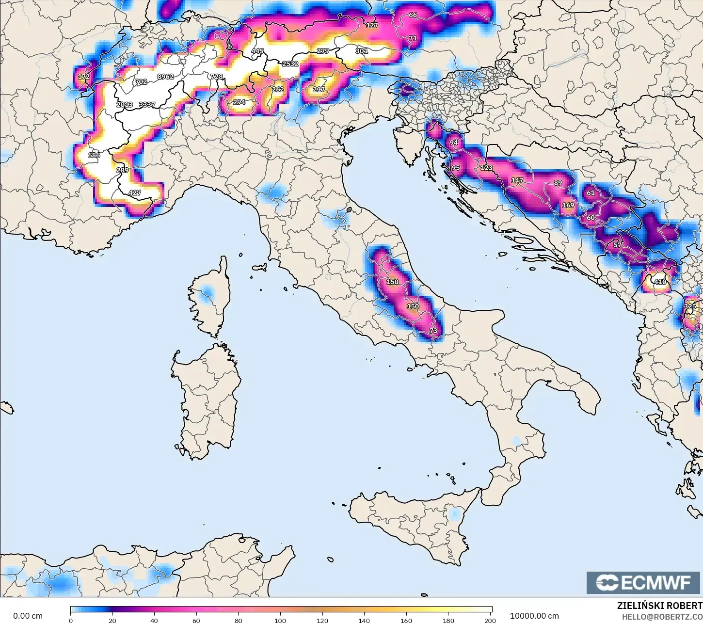 ECMWF IFS 0.25° modelo - Italia, Profundidad de nieve