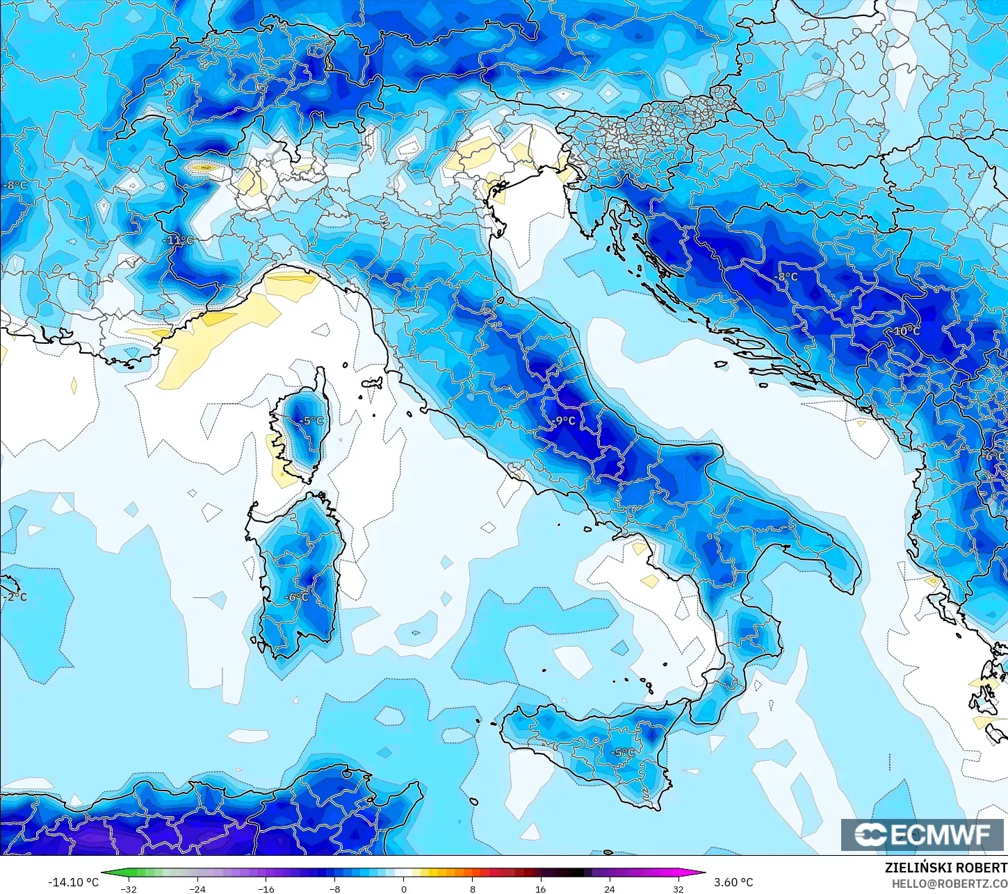 ECMWF IFS 0.25° modelo - Italia, Anomalía de temperatura a 2 m