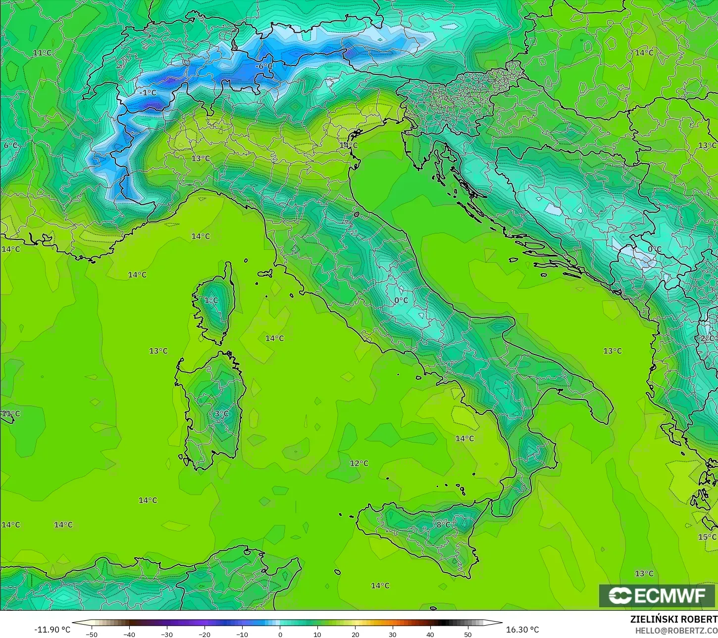 ECMWF IFS 0.25° modelo - Italia, Temperatura a 2 m