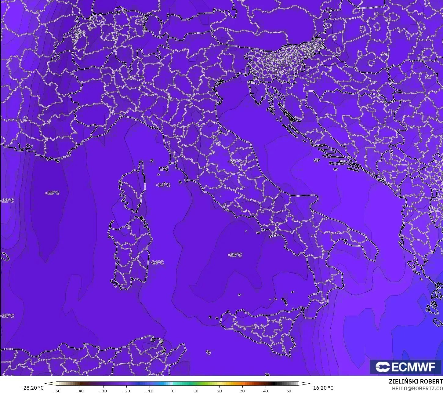 ECMWF IFS 0.25° modelo - Italia, Temperatura a 500 hPa