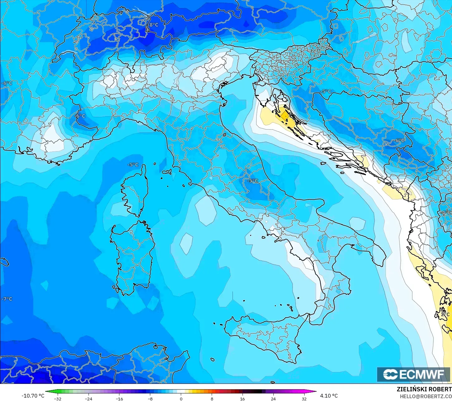 ECMWF IFS 0.25° modelo - Italia, Anomalía de temperatura a 850 hPa