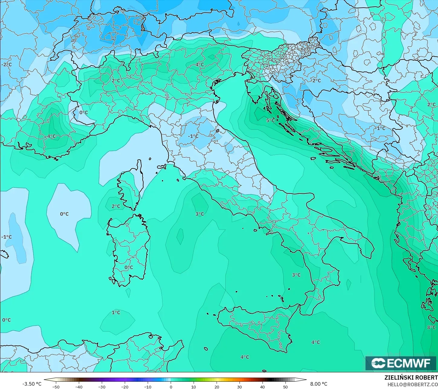 ECMWF IFS 0.25° modelo - Italia, Temperatura a 850 hPa