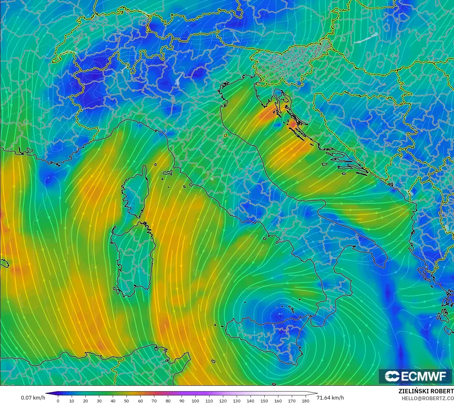 ECMWF IFS 0.25° modelo - Italia, Viento a 10 m