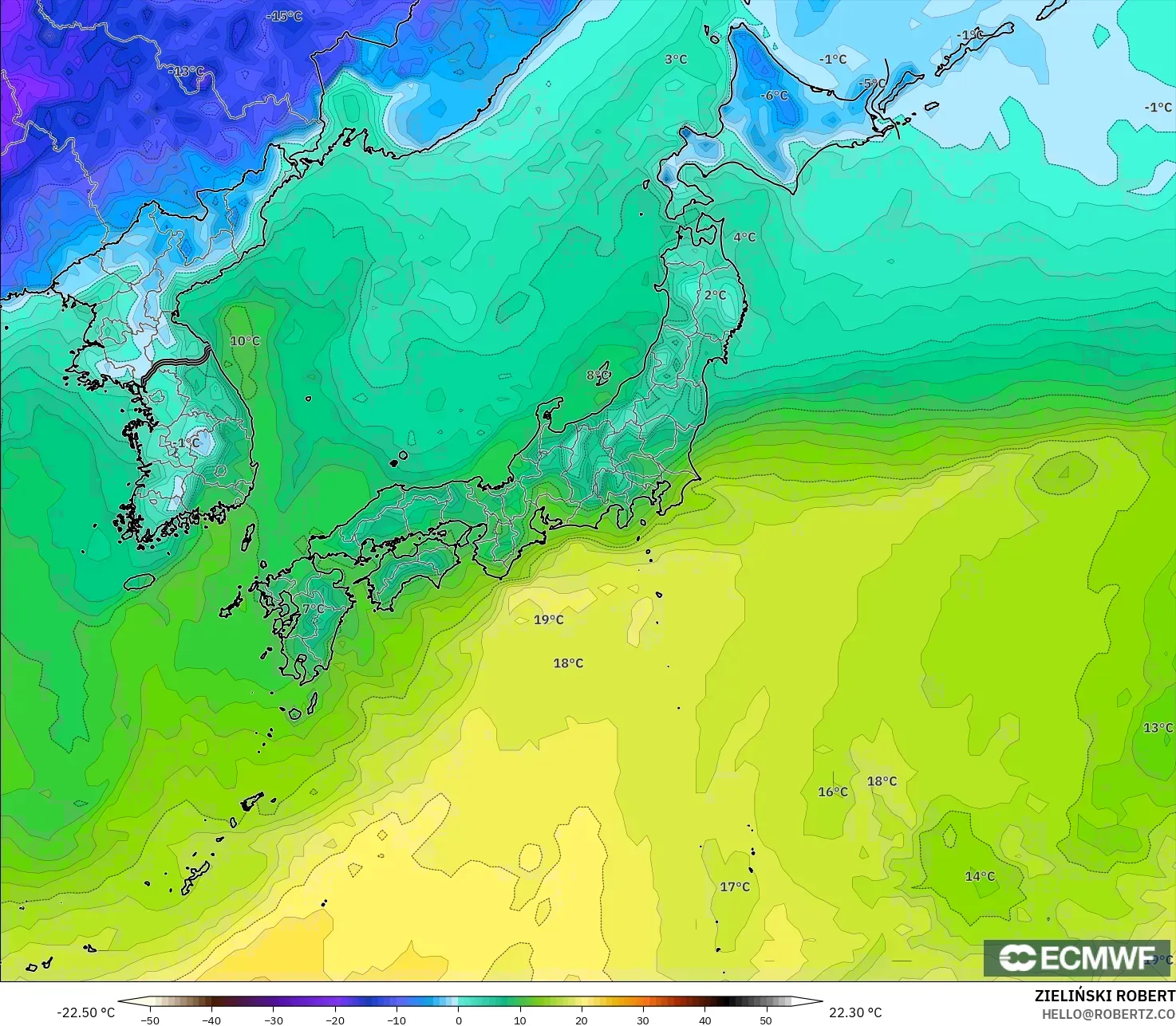 ECMWF IFS 0.25° modelo - Japón, Punto de rocío a 2 m