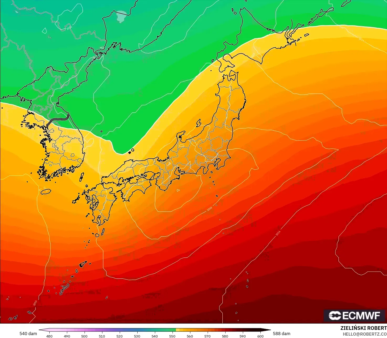 ECMWF IFS 0.25° modelo - Japón, Altura geopotencial a 500 hPa